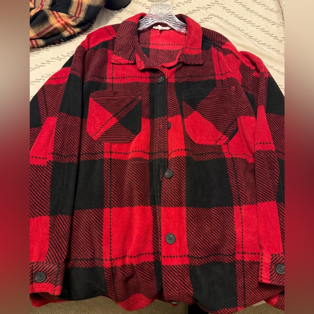 Red and Black Plaid Button-Up Shacket